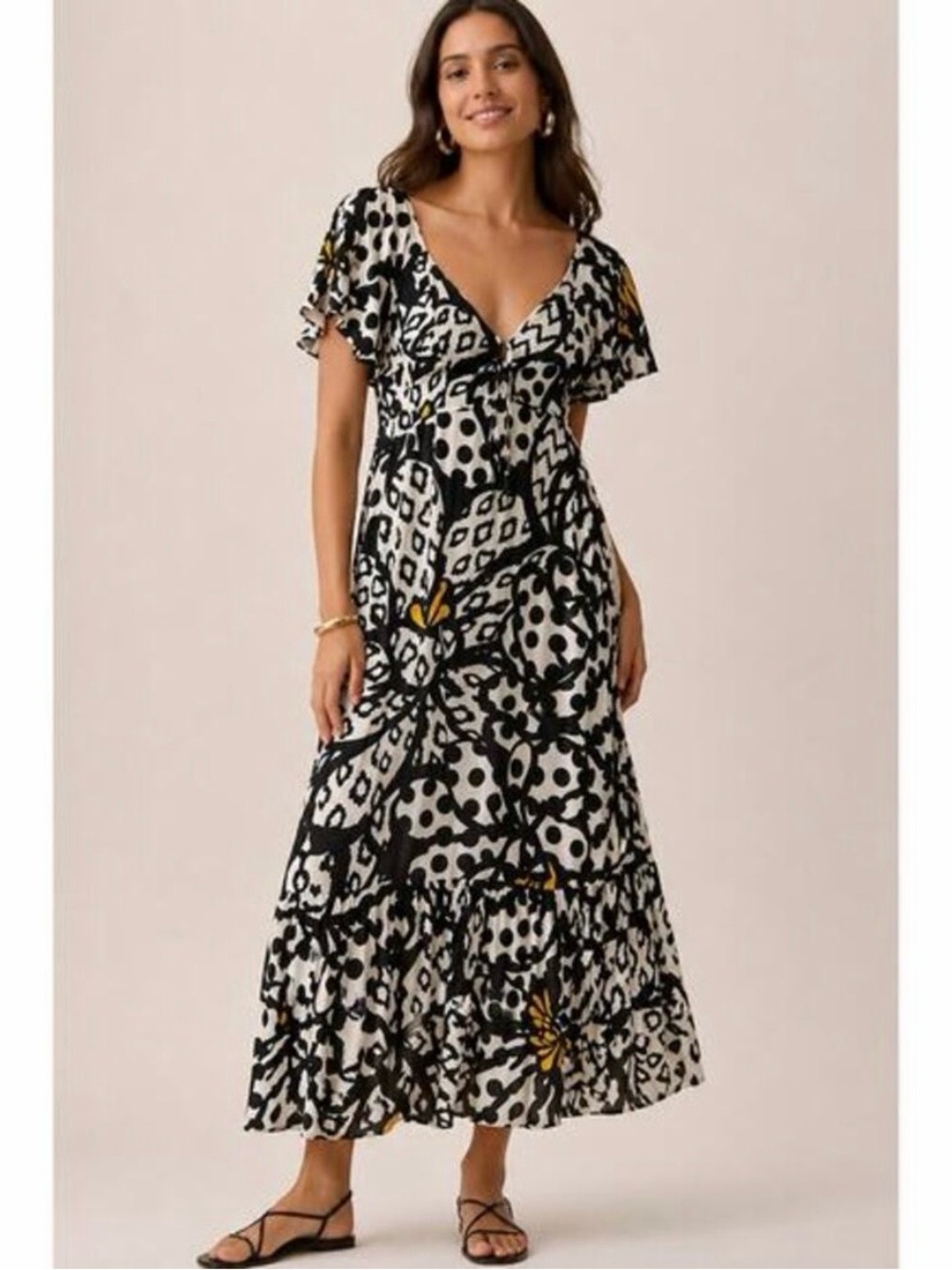 Farm Rio XS Anthropologie Flutter Sleeve Maxi Dress Beaded Tassel Abstract Boho